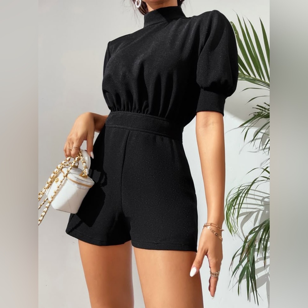 Elegant Black Puff Sleeve Romper
